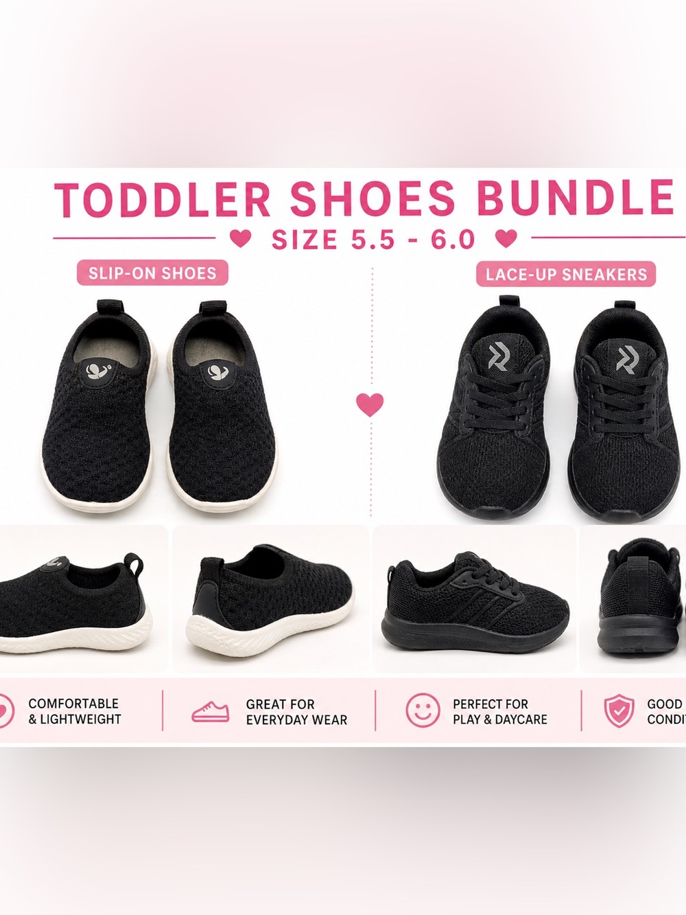 Kids Black Slip-On & Lace-Up Water Shoes Duo: Velcro Water Shoes for Toddlers